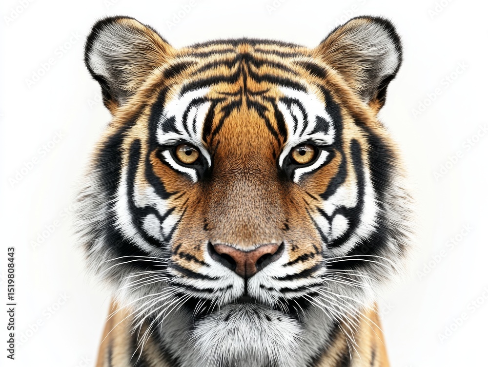 Obraz premium Tiger face symmetrical front view on white 