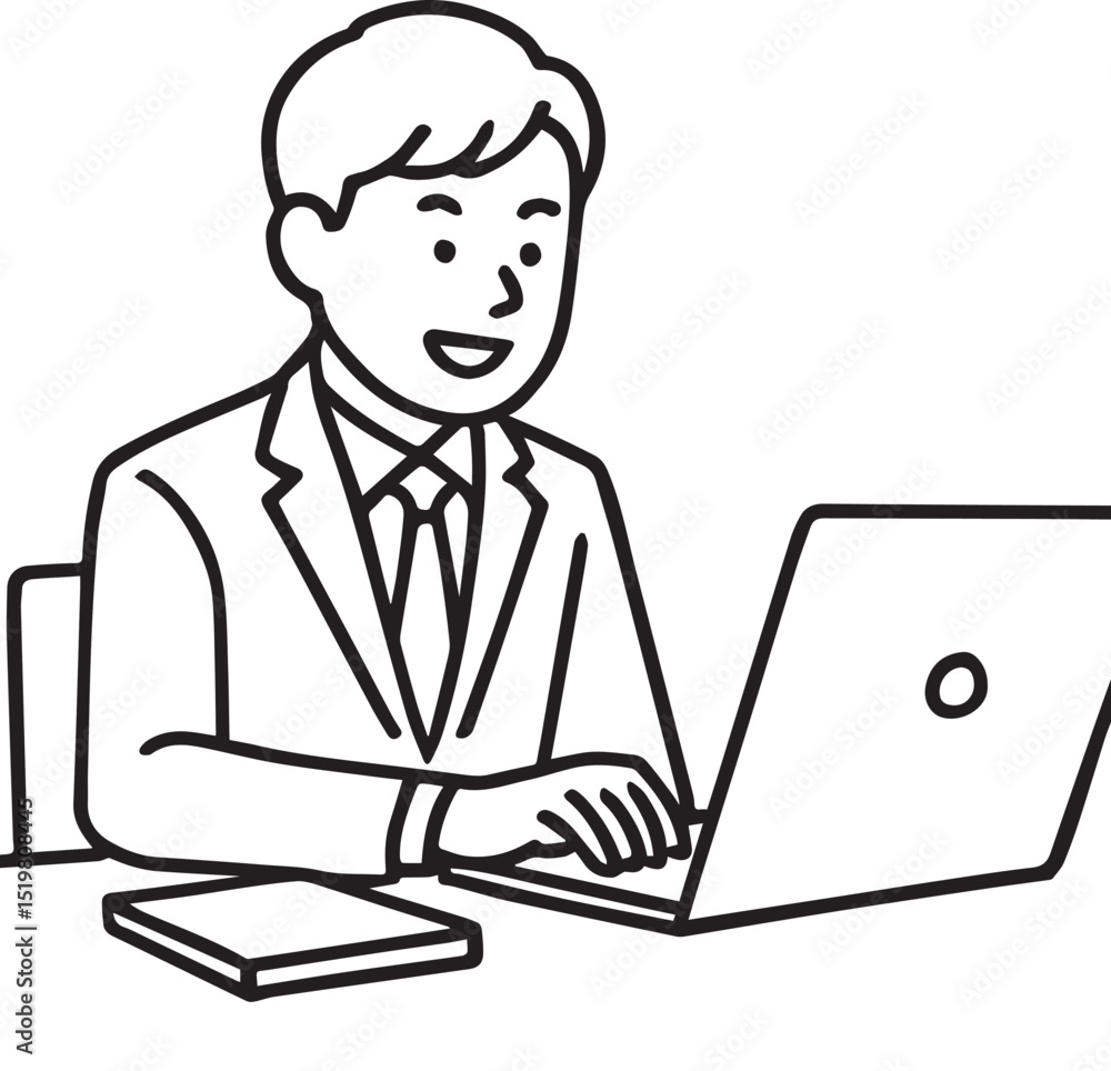 Smiling Businessman Working on Laptop with Notebook Smiling Businessman Working on Laptop with Notebook
