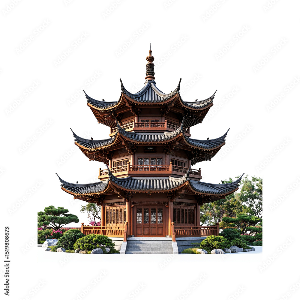 Naklejka premium Beautiful asian wooden pagoda architecture design 3d on transparent background