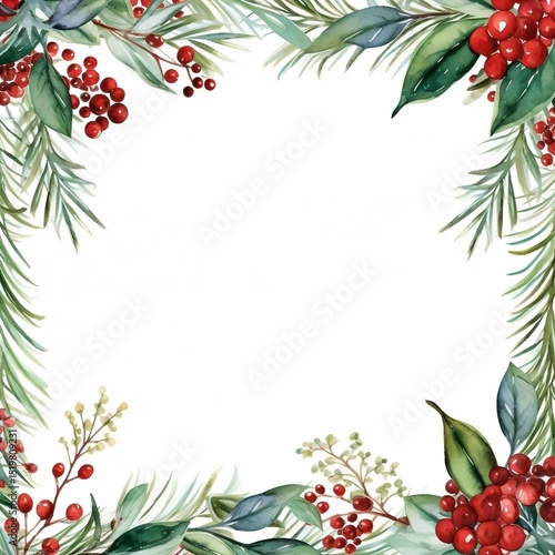 Elegant Watercolor Christmas Floral Frame Red Berries, Greenery, Festive Border for Holiday Cards, Invitations, and Winter Designs
