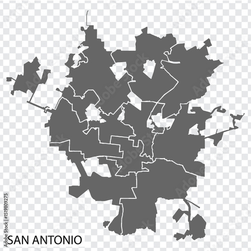High Quality map of San Antonio is a city of USA, with borders of districts. Map of San Antonio for your web site design, app, UI. United States. EPS10.