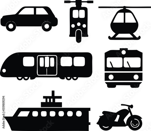 Black silhouette icons of transport vehicles including car, train, motorcycle, helicopter, boat, metro, and tram for travel, mobility, and city transport themes