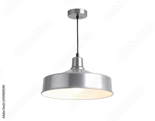 Sleek metallic pendant lamp with a wide shade and modern design hanging from a ceiling mount.