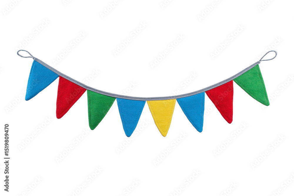 Fototapeta premium Colorful triangular pennant banner with red, blue, green, and yellow flags, perfect for festive decorations and celebrations. vibrant design adds cheerful touch to any event