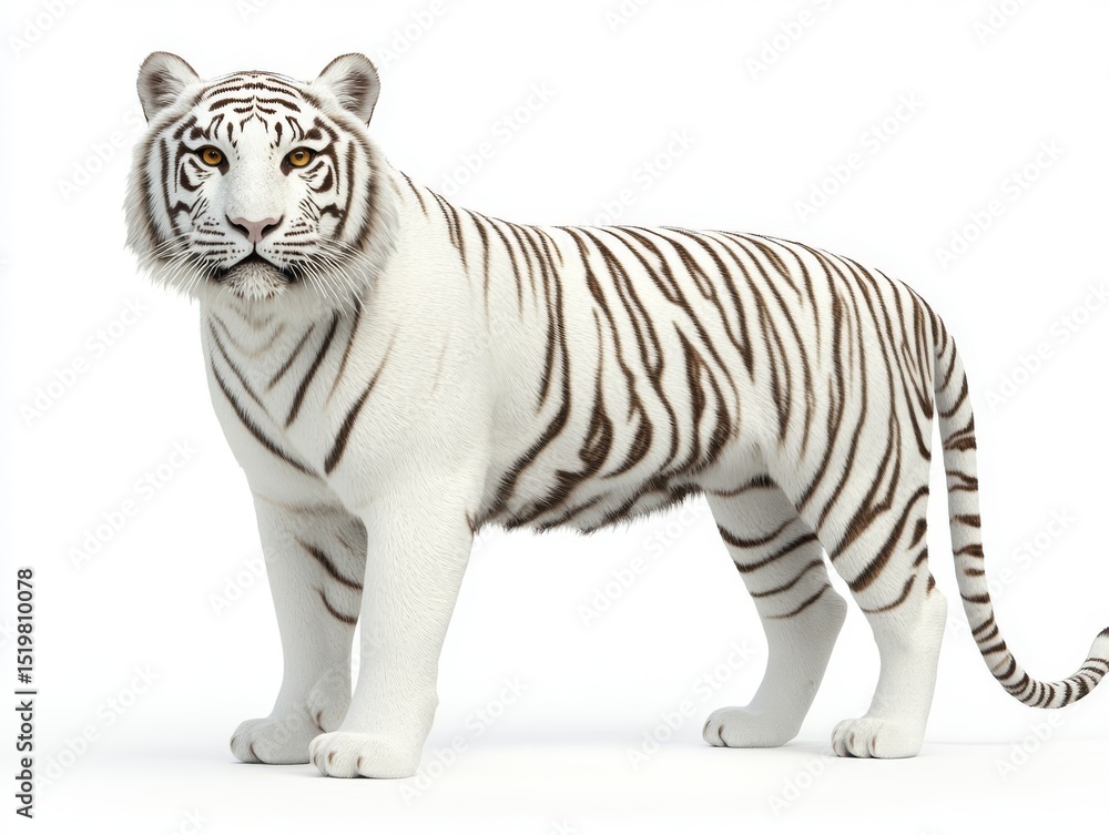 Fototapeta premium Realistic 3D-rendered white tiger with striking black stripes standing alert on a clean white background, ideal for wildlife concepts. 