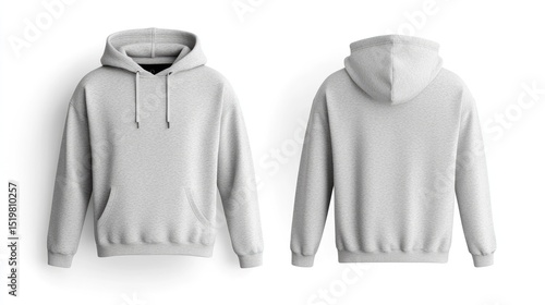 Light grey hoodie, front and back views, showcasing simple design and kangaroo pocket