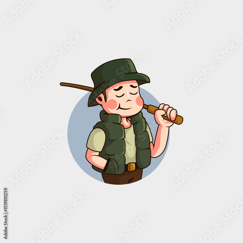 Cute cartoon mascot of a man fishing who feels happy and proud of his catch