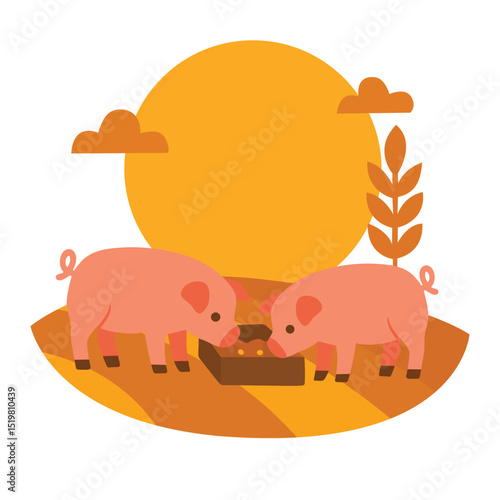 Two pigs eating from trough on orange farmland at sunset with clouds and tree. Flat cartoon vector illustration. Livestock and farm life concept. Design for poster, card, print