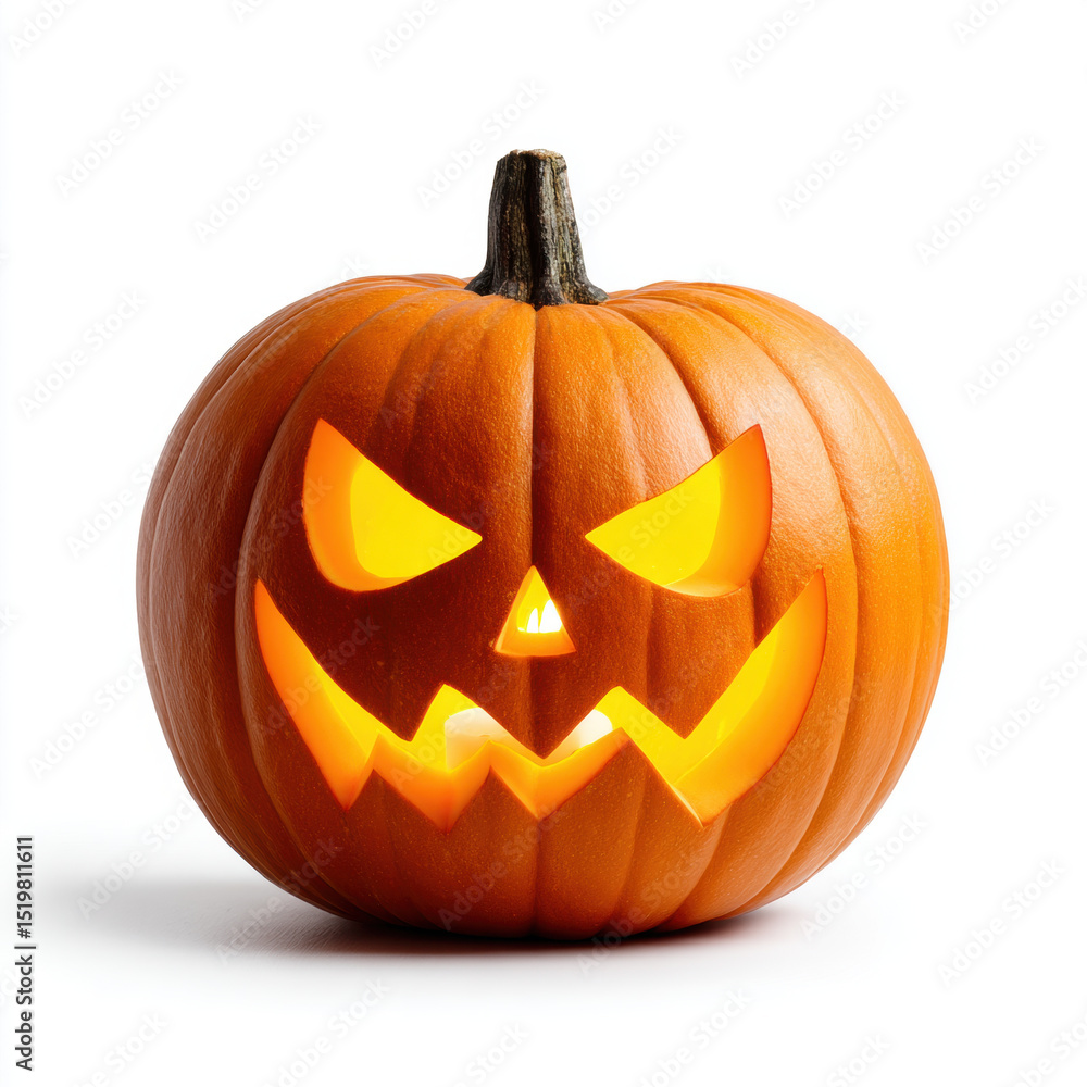 Carved Halloween pumpkin with sinister expression, glowing from within, symbolizes festive spirit of season. Its vibrant orange color and jagged features evoke excitement and fun Carved Halloween pumpkin with sinister expression, glowing from within, symbolizes festive spirit of season. Its vibrant orange color and jagged features evoke excitement and fun