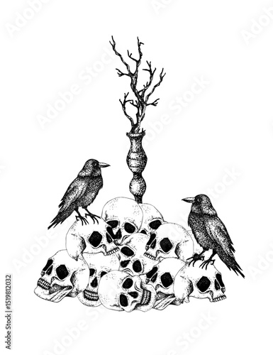 Pile of skulls, black crows, vintage candelabrum and dry branches. Graphic illustration, vector Gothic composition for Halloween, Day of the Dead, esoteric concept. For postcard, posters, stationery