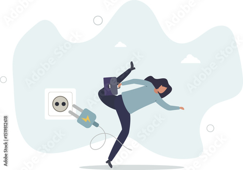Failure or mistake, accident or surprise problem that impact business concept, clumsy businesswoman stumble with power cable electric plug falling on the floor. character life .