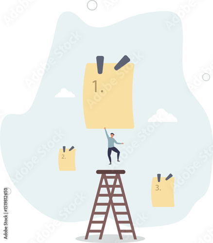 Set work priority, arrange to do list which job to do before and after, task management concept. character life .