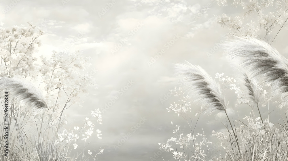 Fototapeta premium Pastel Grey Grass Field Against Cloudy Sky
