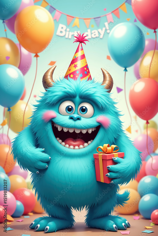 A vibrant blue monster with horns and a party hat holds a red gift box, surrounded by colorful balloons and confetti, with a Birthday! banner above. A vibrant blue monster with horns and a party hat holds a red gift box, surrounded by colorful balloons and confetti, with a Birthday! banner above.
