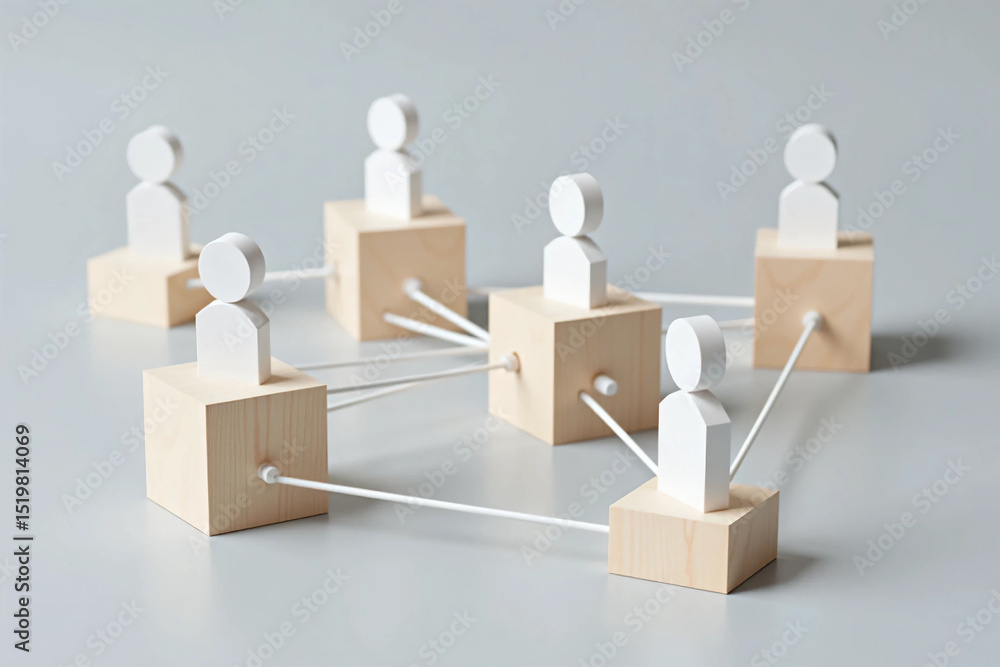Obraz premium Wooden Cubes Connected with Lines on Blue Background Representing Social Network and Organizational Structure, Illustrating Teamwork, Digital Communication, and Business Collaboration