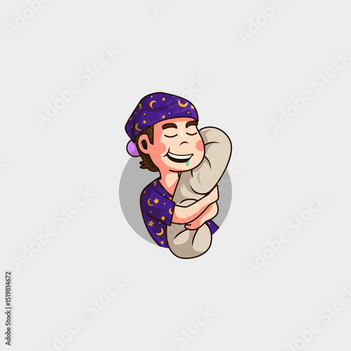 cartoon mascot logo cute man in pajamas sleeping dreaming while hugging bolster