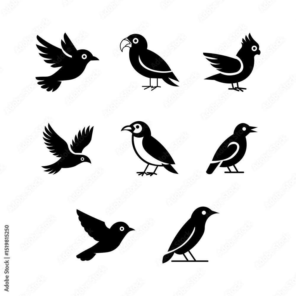 Obraz premium Minimalist Crow and Raven Silhouettes – Vector Bird Set with Gothic Style