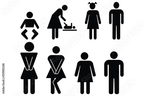 Restroom toilet male female kids baby change posture urgent pee pose icon vector illustration silhouette flat black graphic design.