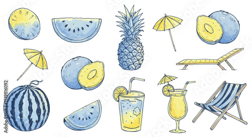Summer fruits and beach vibes: watermelon, pineapple, lemonade, and sun loungers