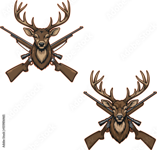 Crossed Rifles Deer Head - Buck Hunting Logo Emblem SVG