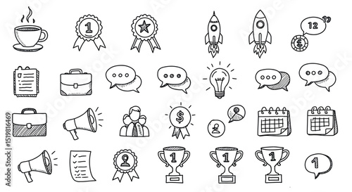 Hand-drawn business doodles collection with icons of success and communication