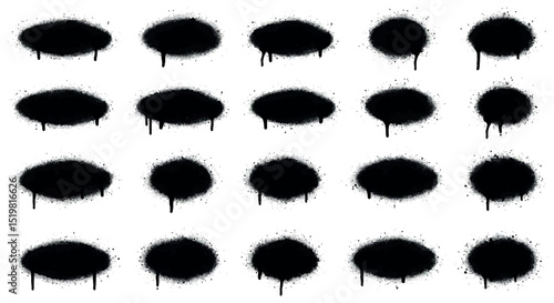 Abstract black ink splatter pattern with dripping effect on white background
