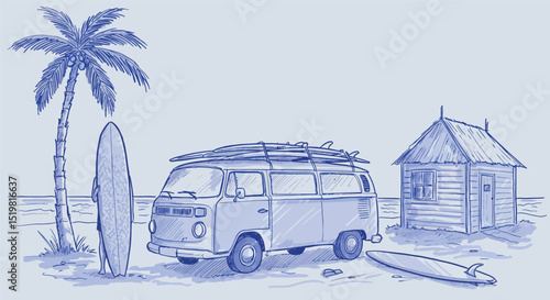Vintage surf van and surfboards by shaded beach hut with palm tree