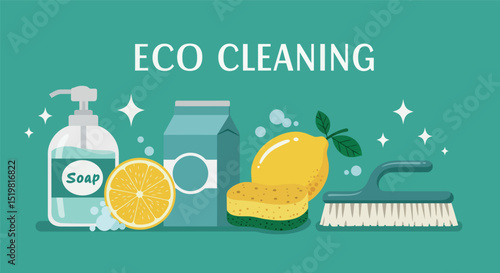 Eco cleaning essentials: soap, lemon, sponge, brush for sustainable home care
