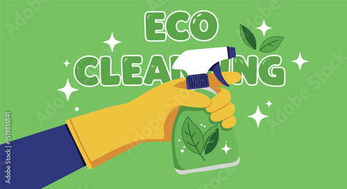Eco-friendly cleaning concept with gloved hand and spray bottle on green background