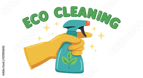 Eco cleaning: hand holding spray bottle with leaf design and glove for green clean