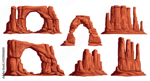 Desert rock formations set: red sandstone arches and pillars