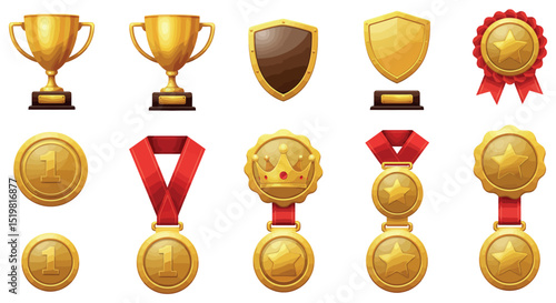 Collection of gold trophies, shields, and medals with red ribbons