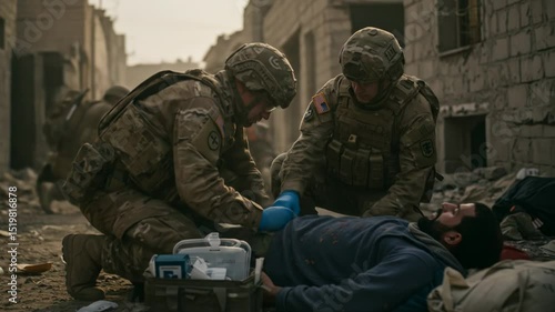 Military personnel providing aid in damaged urban environment