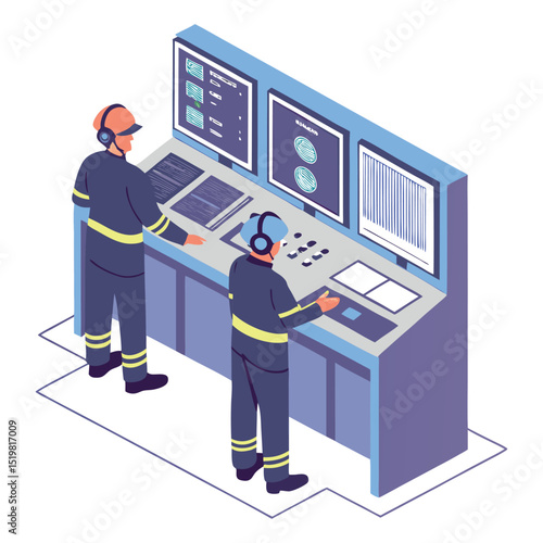 High-tech urban control room in isometric cartoon, with technicians monitoring real-time traffic flow and infrastructure via dashboards and surveillance screens.