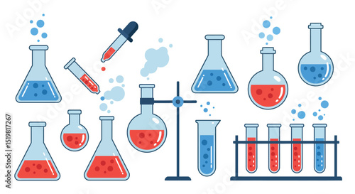 Collection of scientific glassware with colorful liquids and bubbles