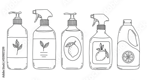 Hand-drawn cleaning product bottles with leaf and citrus designs