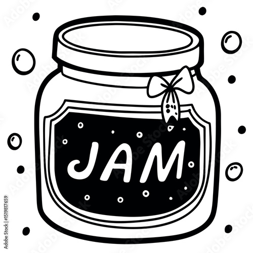 Charming black and white line art illustration of a jar of homemade delicious jam perfect for kitchen decor