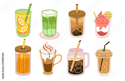 Various cold drinks and desserts set. Collections of coffee, bubble tea, matcha latte, ice cream and other types of beverages in plastic cup, paper mug, glass. Vector illustration.