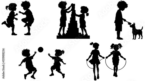 Stylish silhouette collection of children playing together with pets and toys