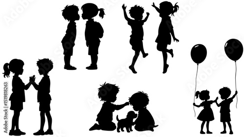 Stylish silhouette set of children playing together with balloons and pets