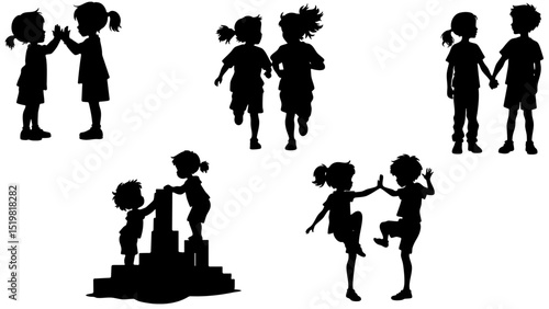 Stylish silhouette set of kids playing together with toys and friends