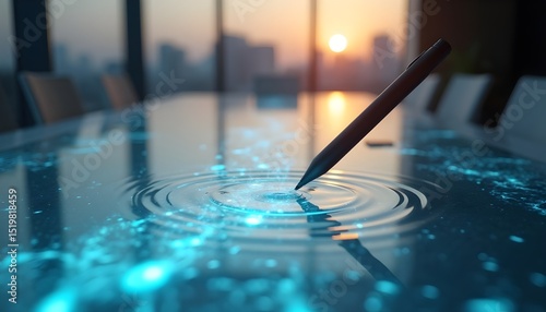 Ink pen creating ripples on reflective table in modern office at sunset  