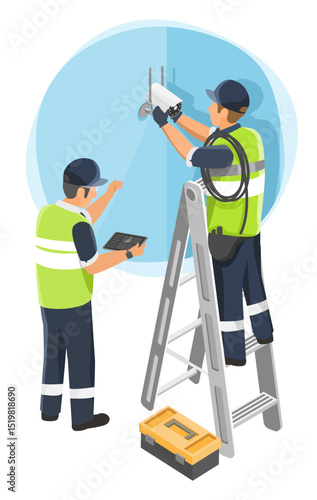 Professional technicians installing a modern security camera system on a high wall using digital tablet and ladder for surveillance setup in commercial building