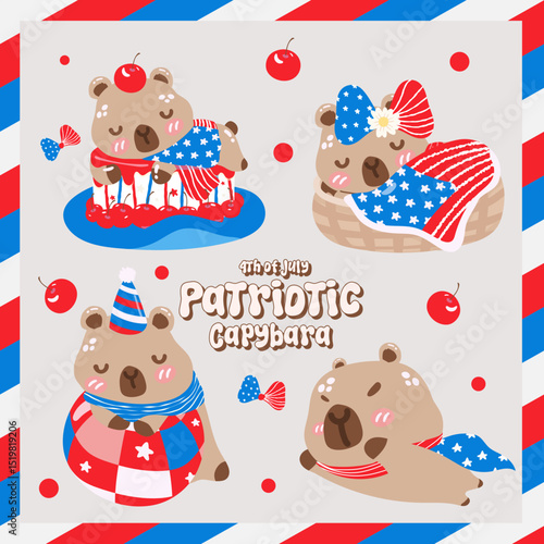 Cute patriotic capybara in 4th of July elements