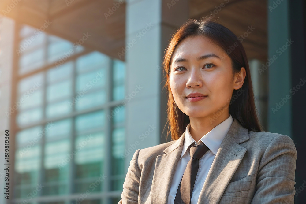 Asian woman in a business suit and tie stands in front of a building with a smile on her face Asian woman in a business suit and tie stands in front of a building with a smile on her face