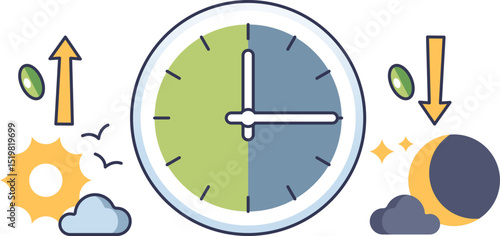 Clock with day-night cycle, sun, moon, and arrows symbolizing circadian rhythm.