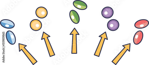 Colorful droplets with arrows symbolize hormone distribution.