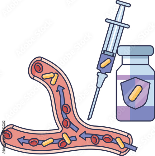 Illustration of a syringe, vial, and bloodstream, symbolizing vaccine introduction.