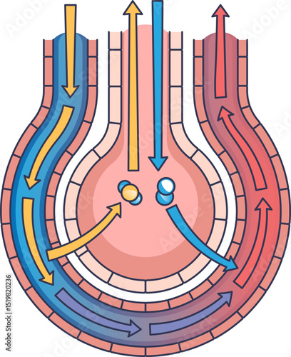 Visual representation of kidney filtration and reabsorption pathways within the nephron showing directional flow of fluids and solutes.