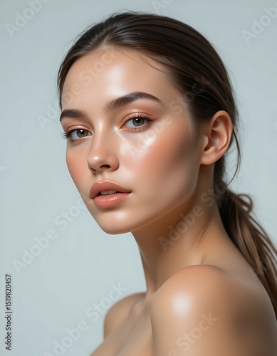 Woman with Glowing Skin and Natural Makeup Posing in Studio